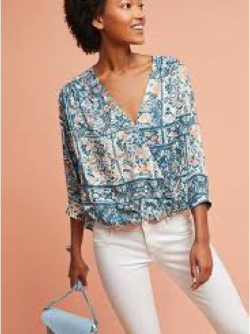Maeve Anthropologie Boho Floral Twist Front Blouse Teal Orange Small